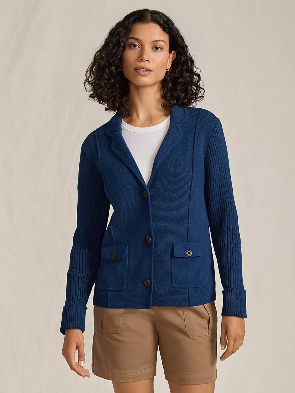 NWT Lands End Drifter Ribbed Knit Collared Blazer Cardigan Sweater Navy Small